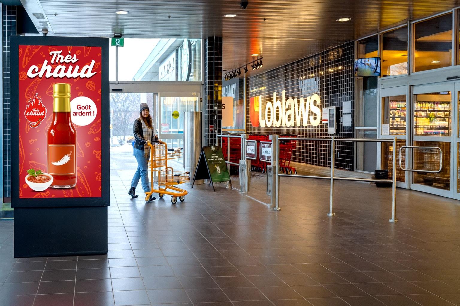 Une femme entre dans un supermarché et voit une publicité